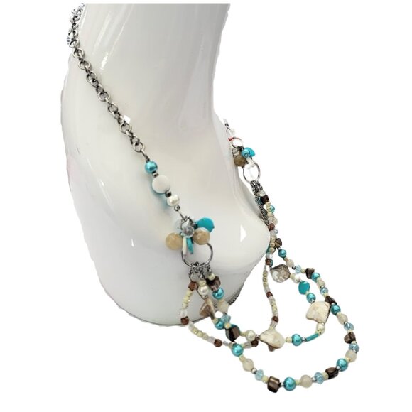 Mother Of Pearl Blue & White Beaded Oyster Shell Necklace 16" - Picture 3 of 10